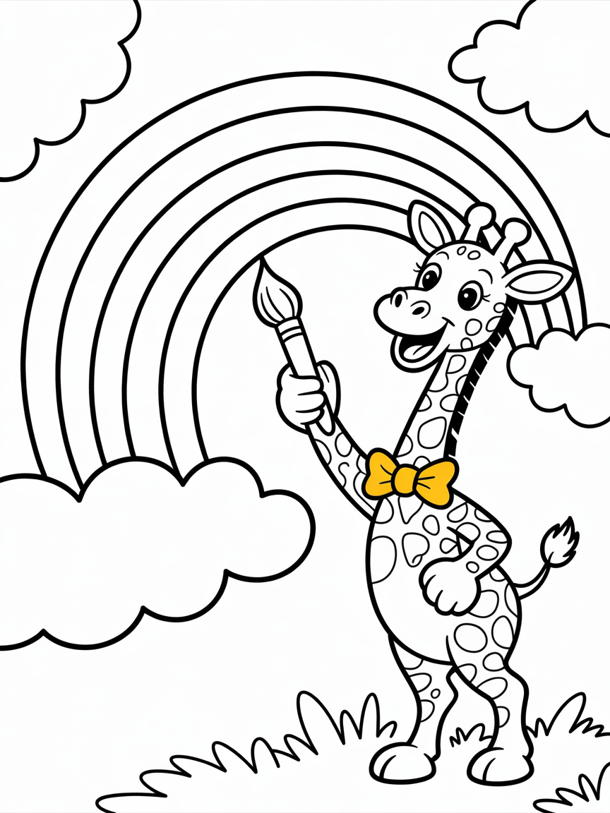 Giraffe painting a giant rainbow - Free Coloring Page