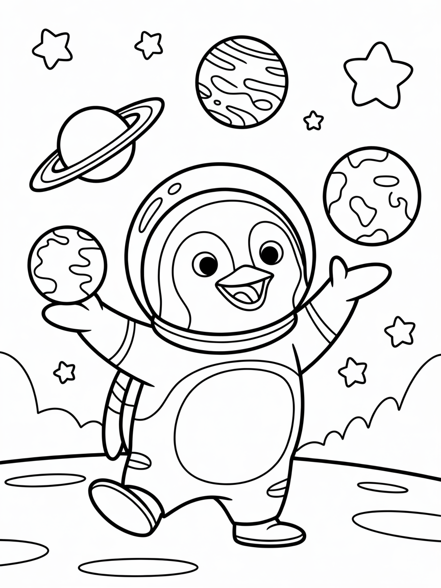 Space penguin juggling planets - Free Coloring Page