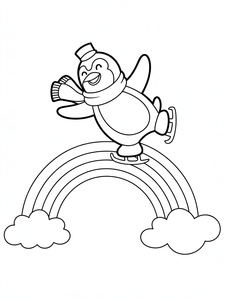 Penguin Ice Skating On A Rainbow - Free Coloring Page