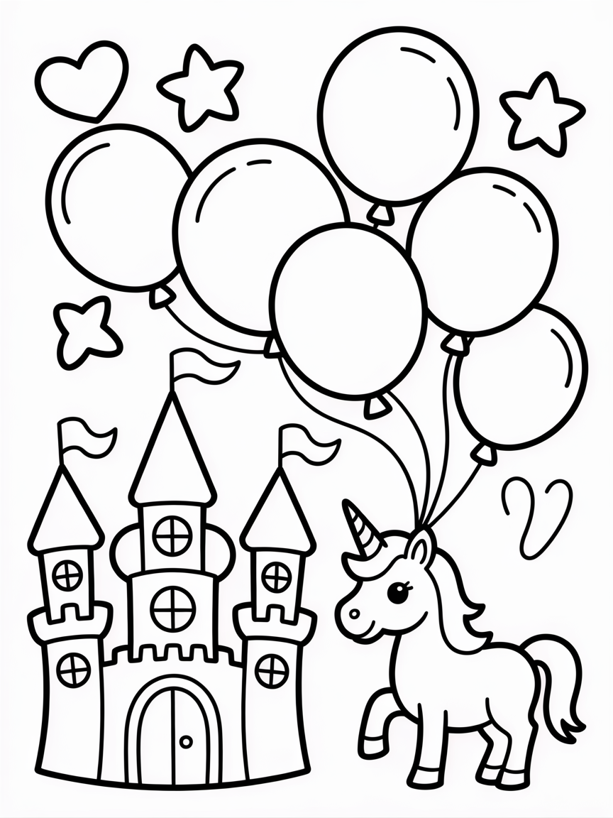 princess castle unicorn balloons - Free Coloring Page