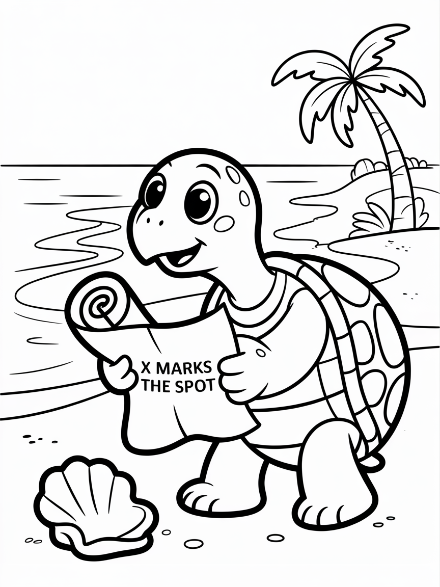 Turtle explorer with treasure map - Free Coloring Page