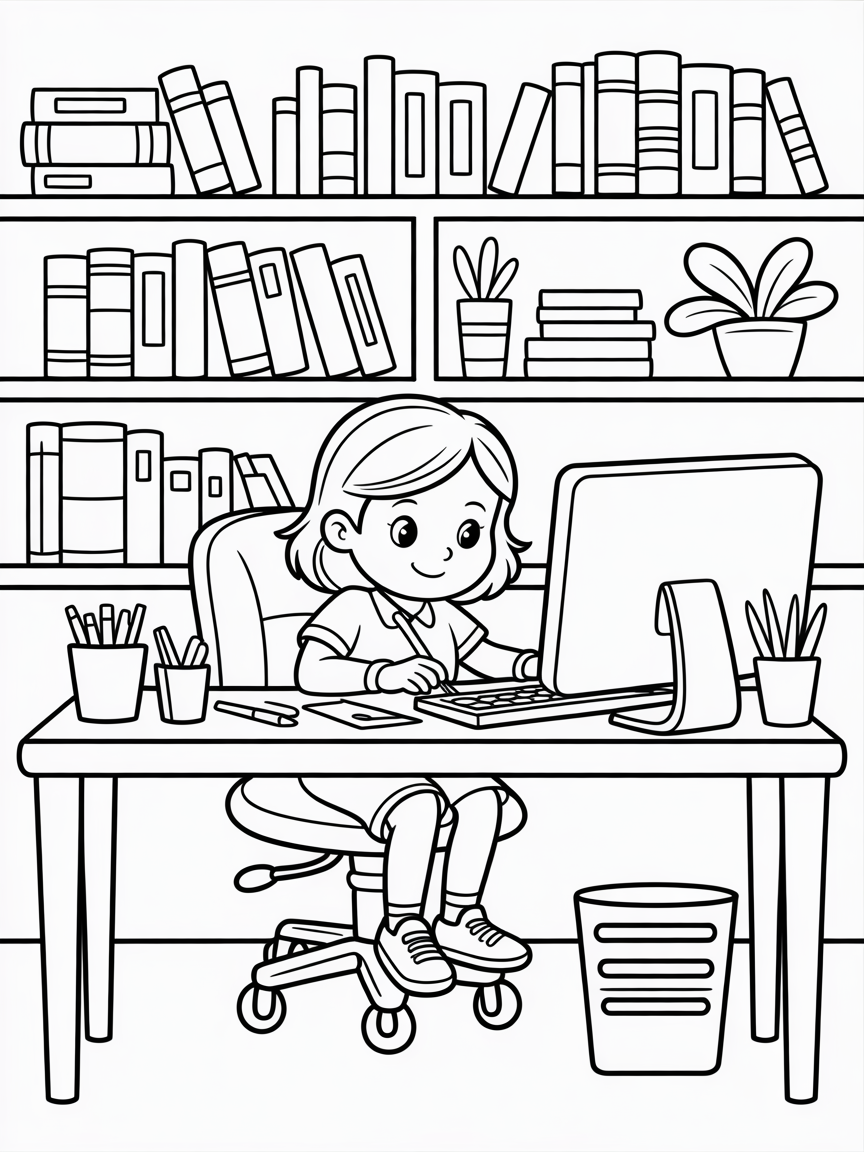 a girl working in office - Free Coloring Page