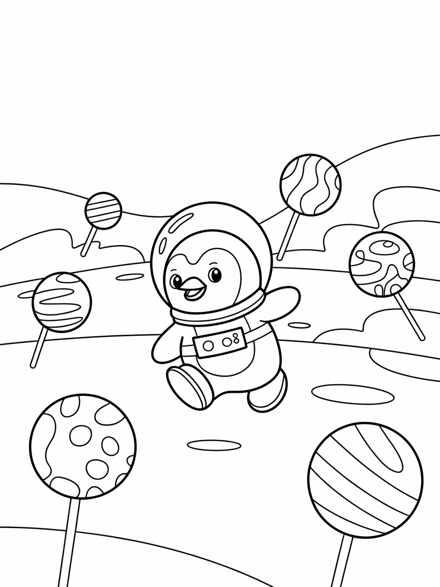 Penguin astronaut exploring candy planets - Free Coloring Page