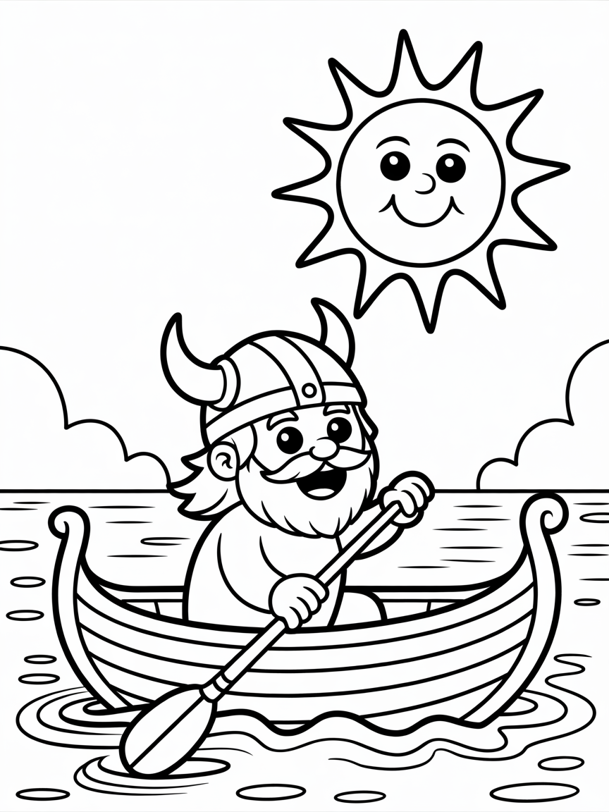 viking sailing in boat and happy sun is smiling - Free Coloring Page