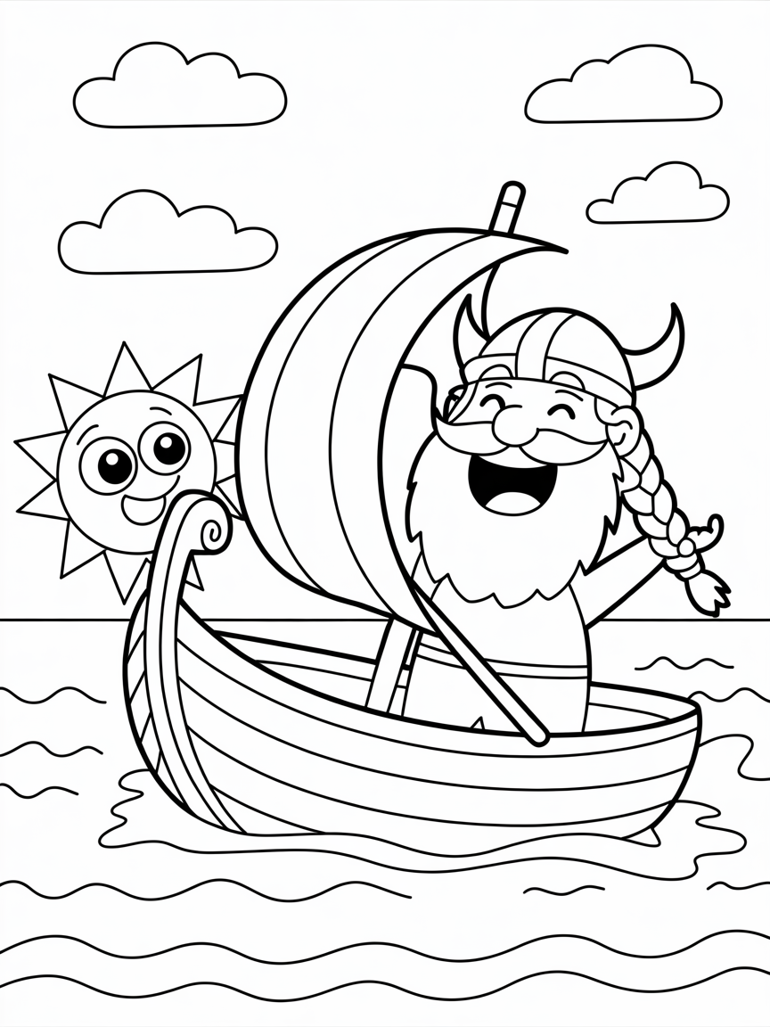 singing viking sailing in boat and happy sun is smiling - Free Coloring Page