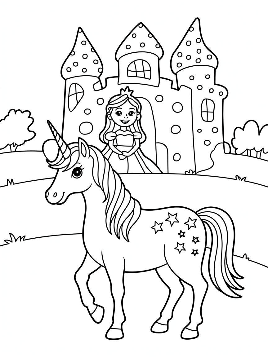 castle unicorn princess - Free Coloring Page