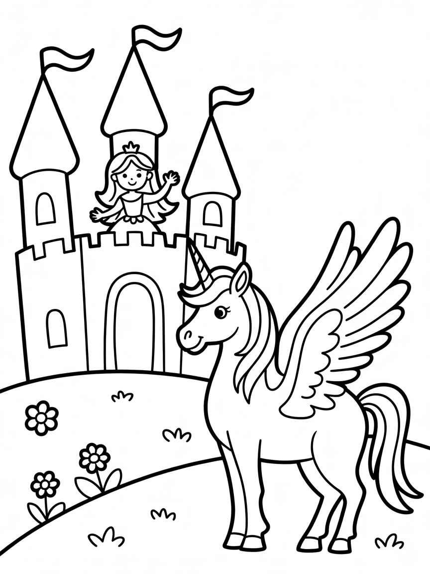 castle with towers, princess, and unicorn with wings - Free Coloring Page