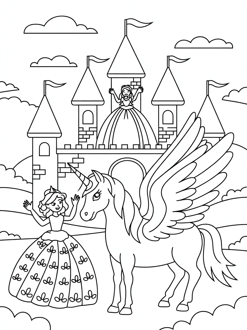castle with towers, princess in a ball gown, and unicorn with wings - Free Coloring Page