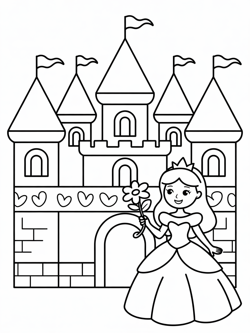 castle with towers, princess in a ball gown - Free Coloring Page