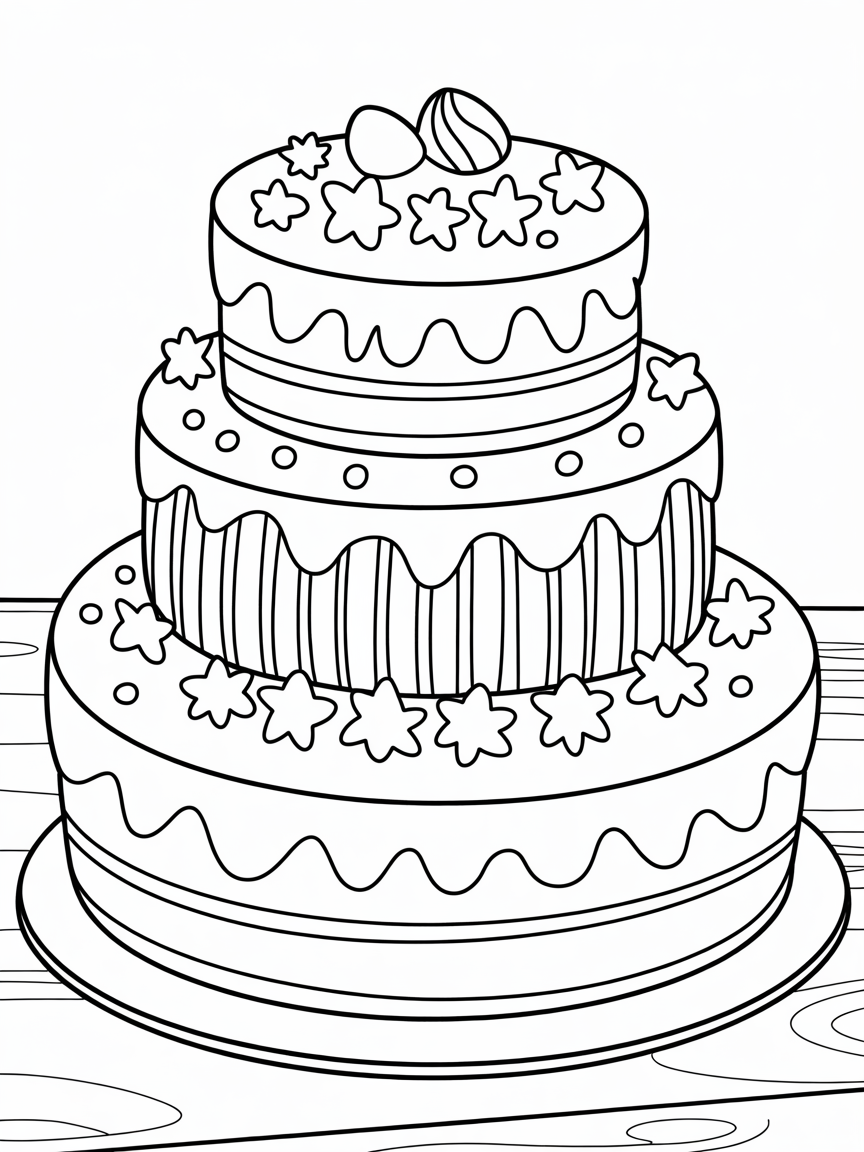 three tier birthday cake with decorations - Free Coloring Page