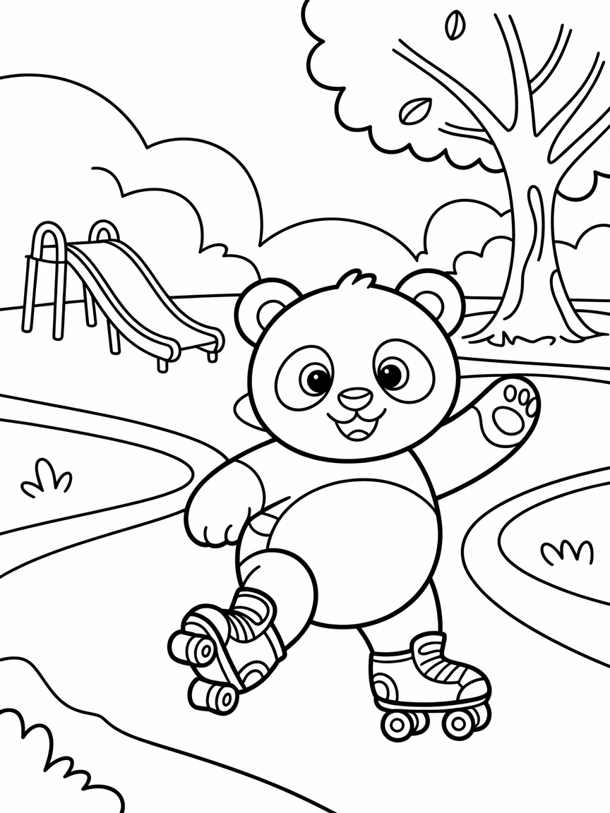 Panda wearing roller skates at park - Free Coloring Page