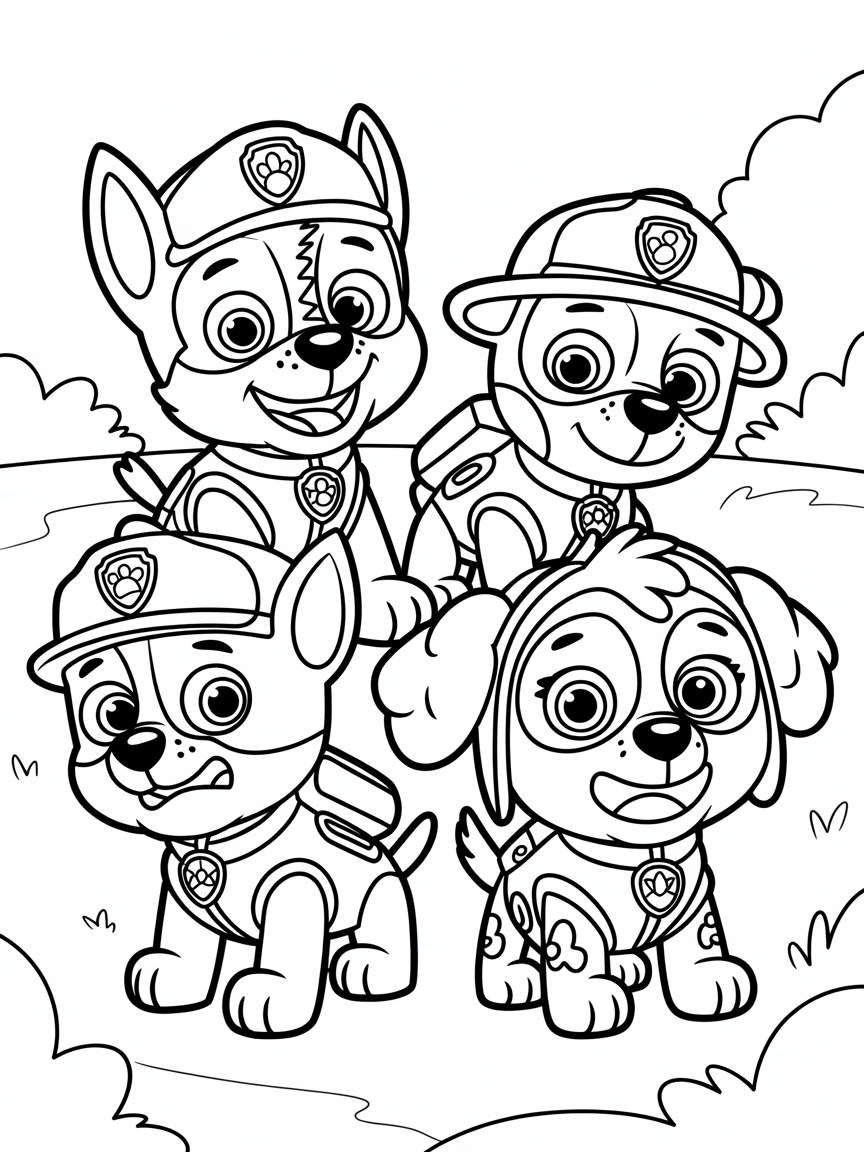 A page with paw patrol characters, one happy, one sad, one angry, one scared - Free Coloring Page