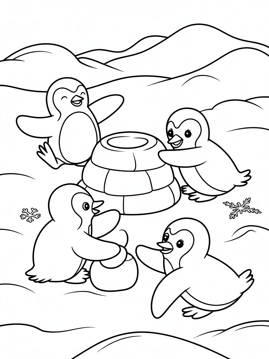 Arctic penguins building igloos together - Free Coloring Page