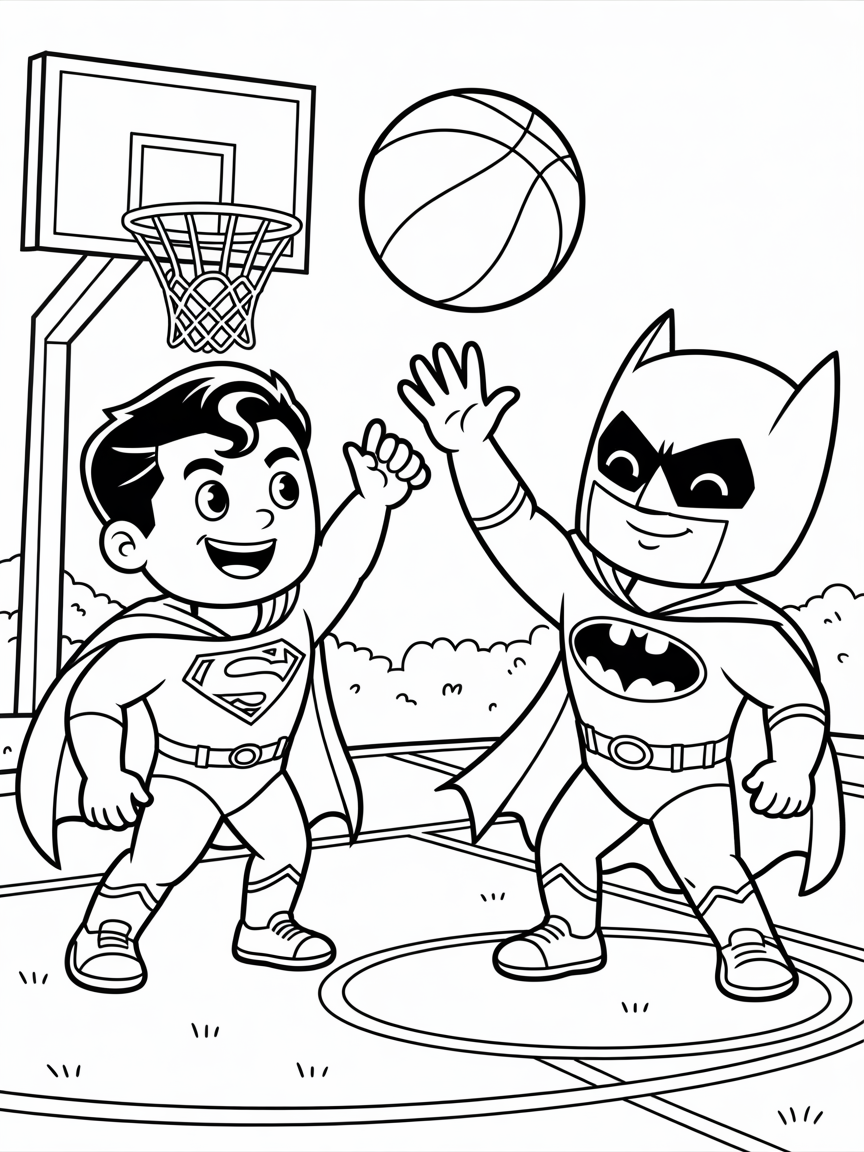 superman and batman playing basketball - Free Coloring Page