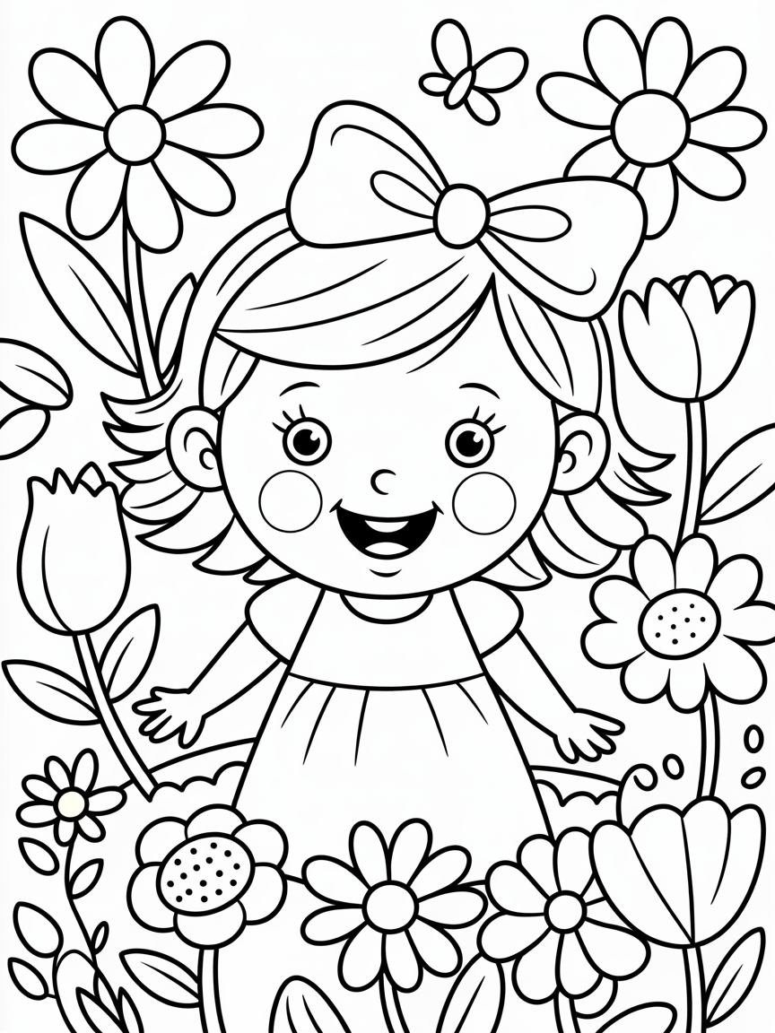 Whimsical Girl Floral Wall Art Print – Cute Spring Flower Girl Illustration ,Botanical Line Art Printable Girl with Flowers - Free Coloring Page