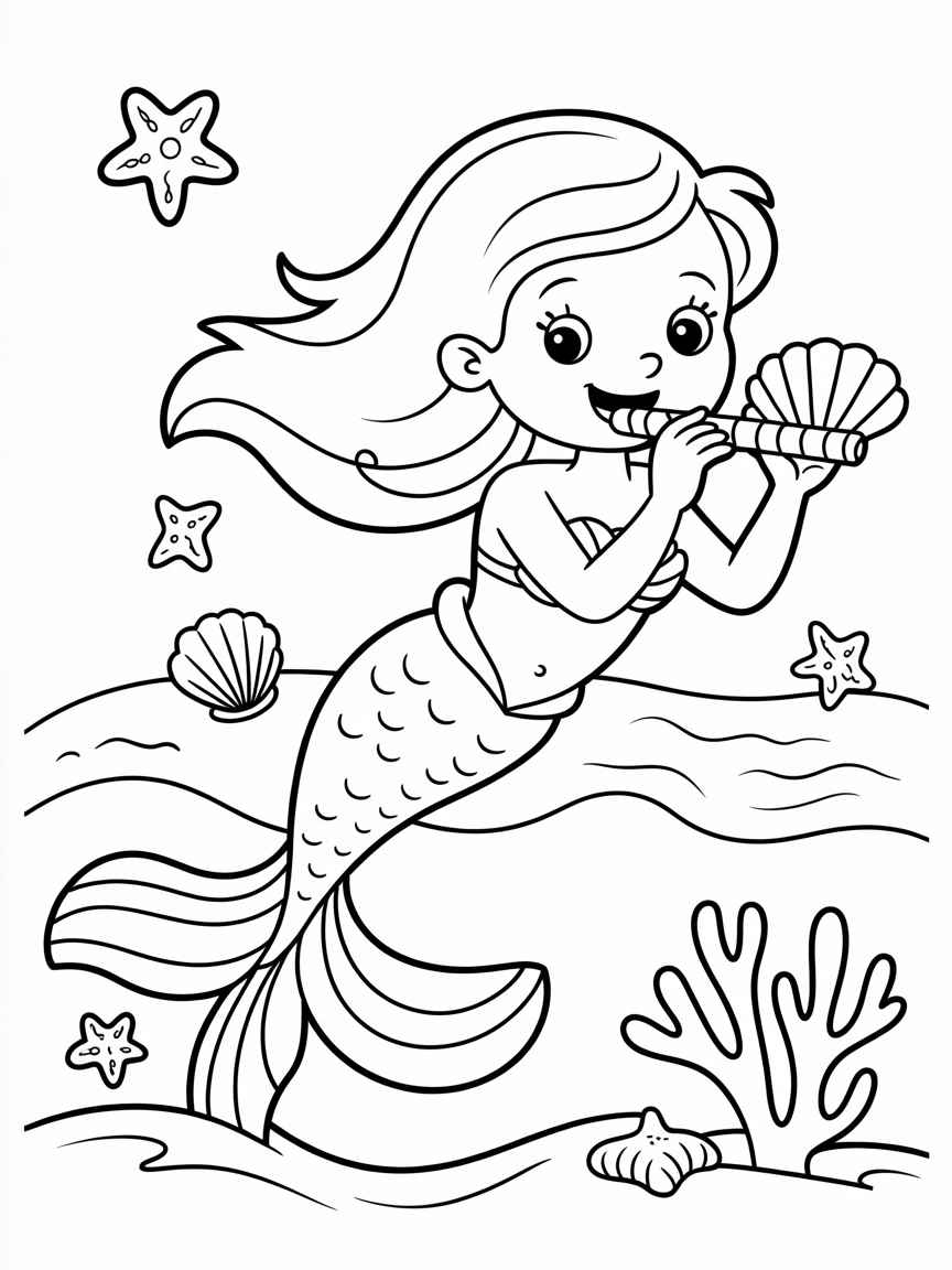 Mermaid playing music with seashells - Free Coloring Page