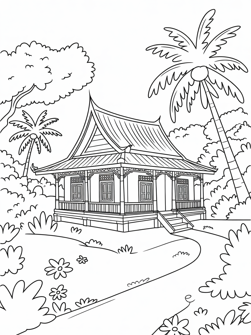 Permandangan Rumah traditional melayu suasana kampung indah - Free Coloring Page