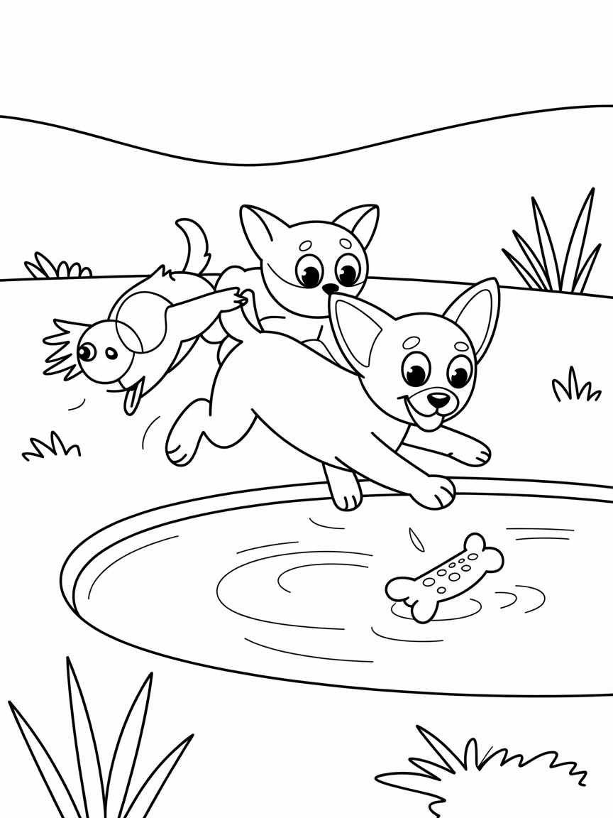 A cat playing with a chiwawa and a bird running with a dog treat into a pond - Free Coloring Page
