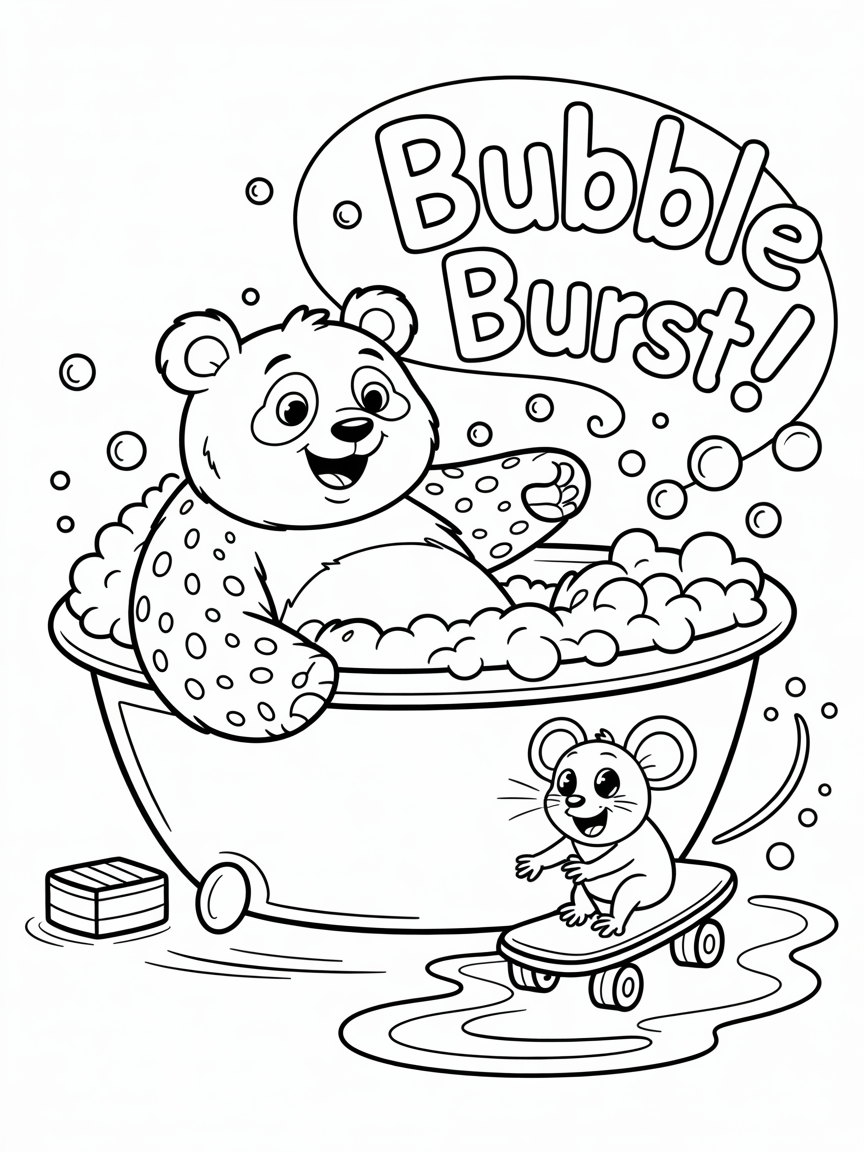 A chubby cartoon panda is sitting in an overflowing bubble bath. crookedly. Near the tub, a small giggling cartoon mouse is skateboarding on a bar of soap, trailing more bubbles behind. “BUBBLE BURST!” - Free Coloring Page