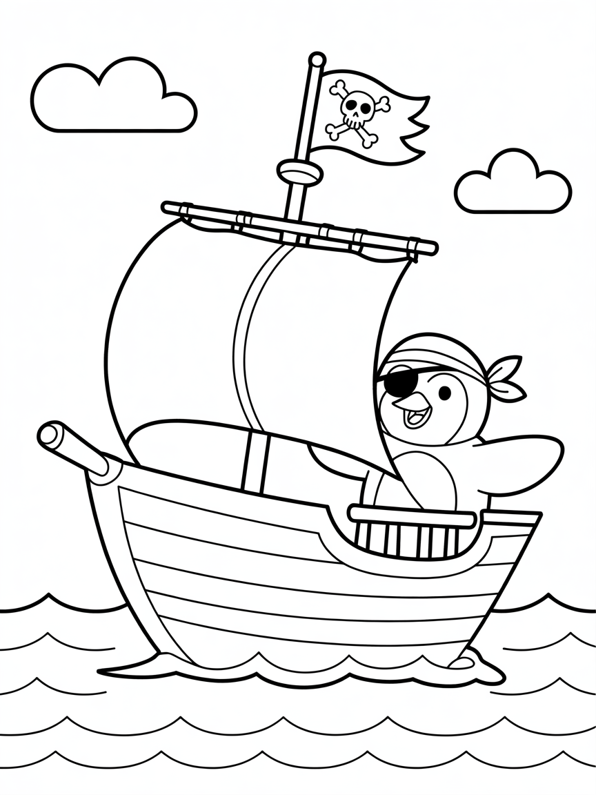 Pirate penguin steering a treasure ship - Free Coloring Page