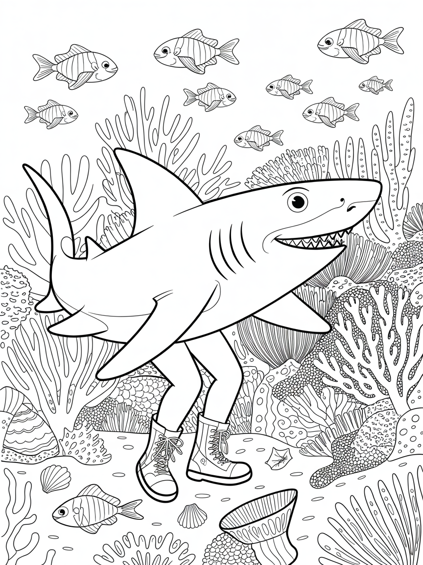 Shark with legs and shoes - Free Coloring Page