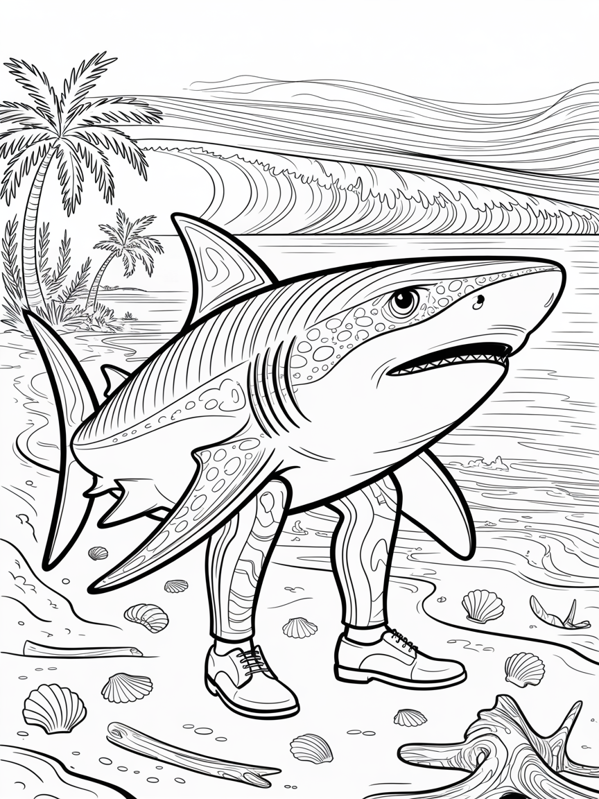 Shark with legs and shoes on land - Free Coloring Page
