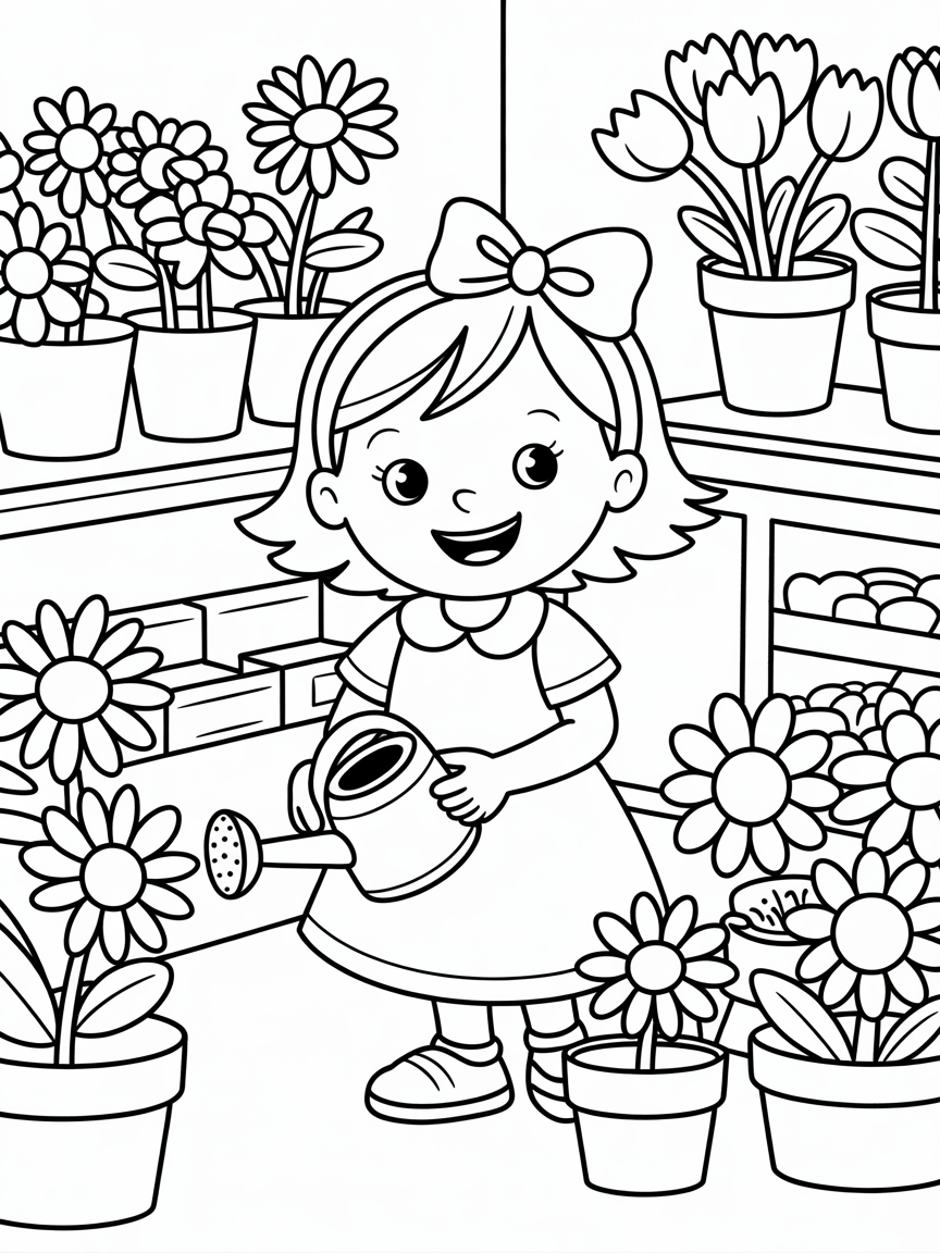Cute girl in a flower shop - Free Coloring Page