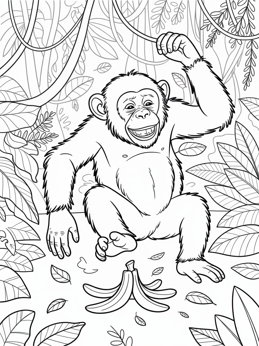 A chimpanzee in a banana peel - Free Coloring Page