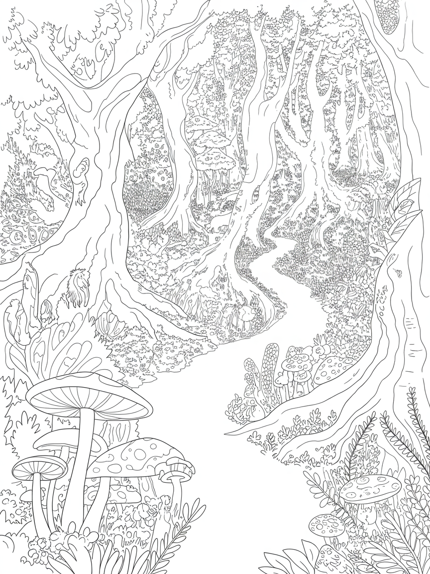 Detailed Magical forest - Free Coloring Page