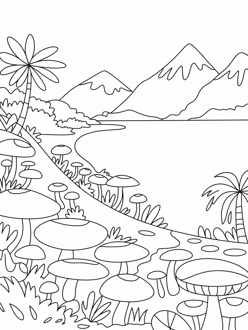 Trooical Mushroom forrest into lake with snow topped mountains horizon - Free Coloring Page
