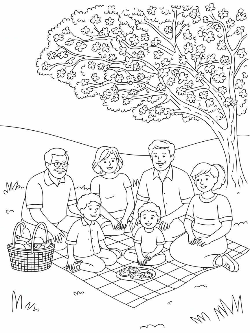 A picnic with 5 family members ( grandpa, grandma, dad, mom and 5 y/o boy) under a flowered flamboyant - Free Coloring Page