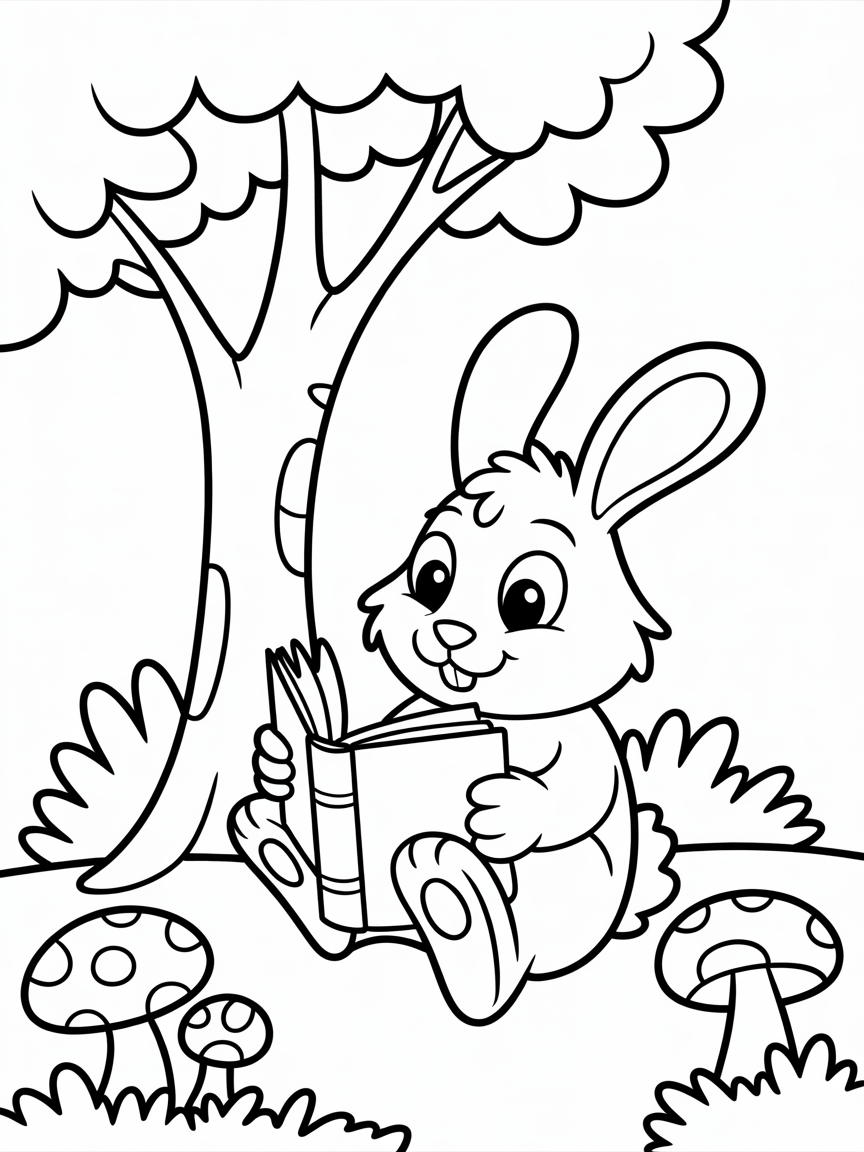 Rabbit wearing a plum hat in a forest sitting and reading a book - Free Coloring Page