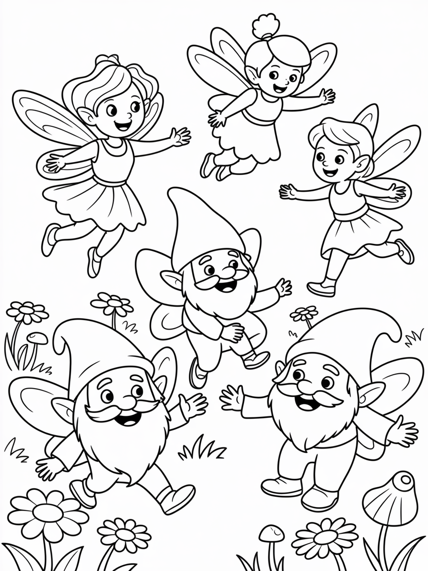 Fairies and gnomes - Free Coloring Page