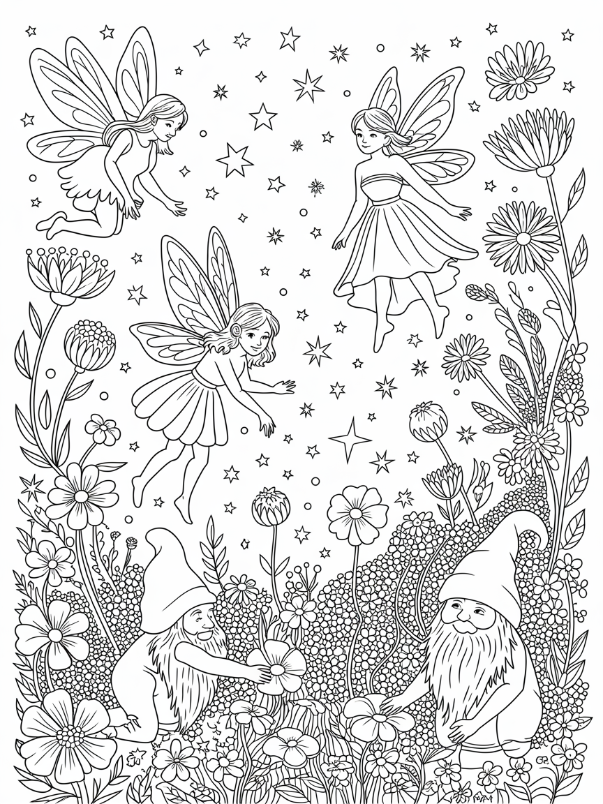 Fairies and gnomes and flowers and stars - Free Coloring Page