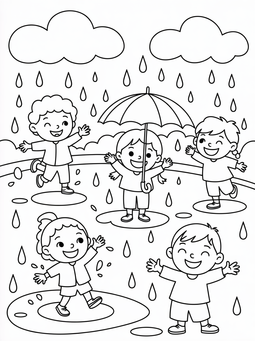 Kids playing under rain - Free Coloring Page