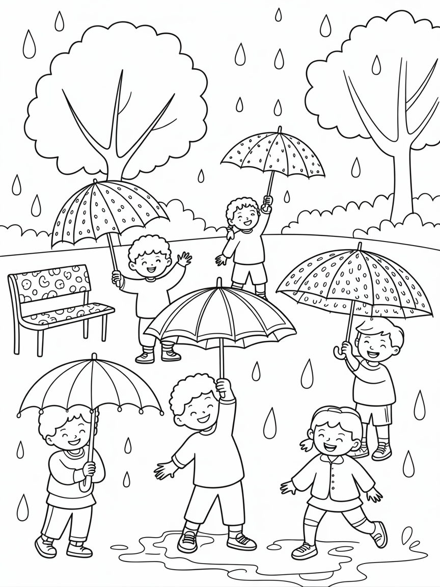 Kids playing under rain - Free Coloring Page
