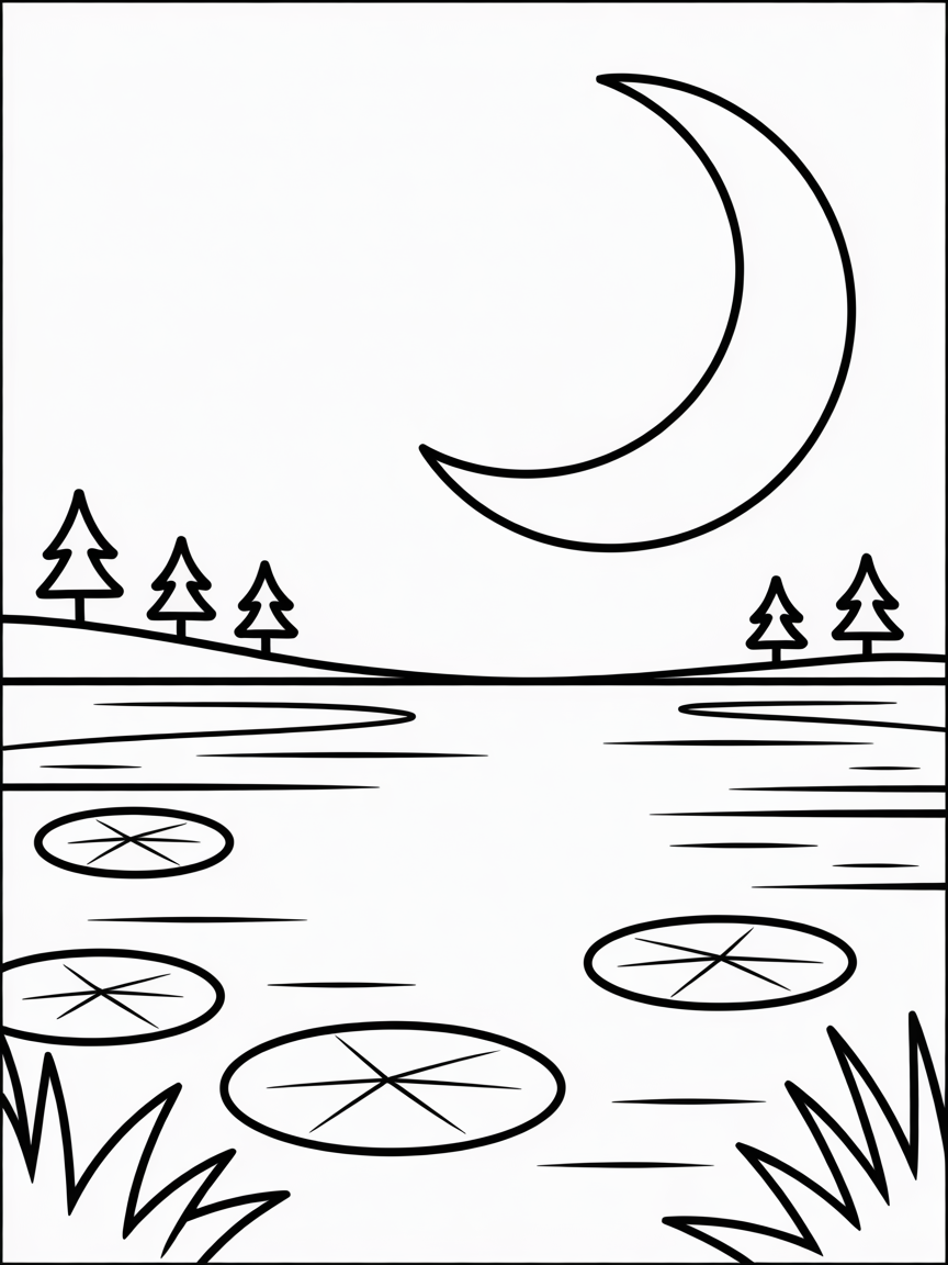 Moonlight over lake - Free Coloring Page