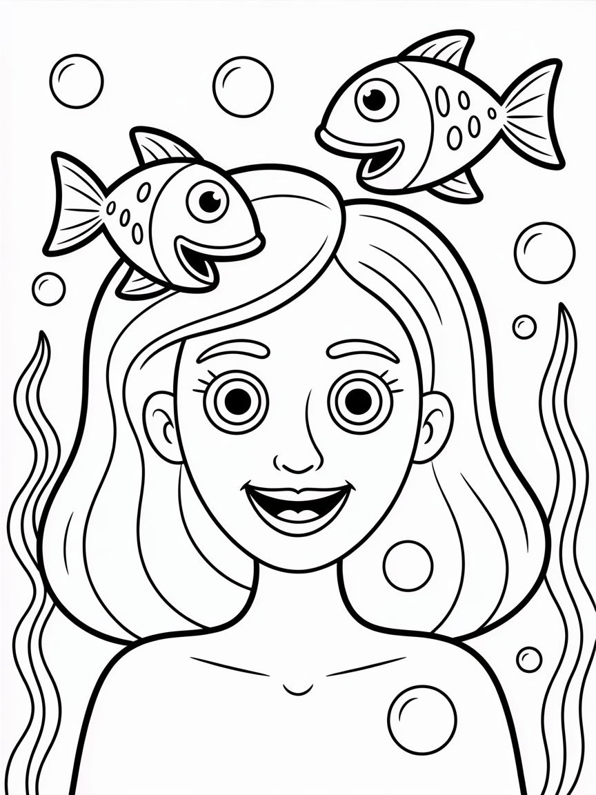 woman face, she is underwater, in her hair are two fishes - Free Coloring Page