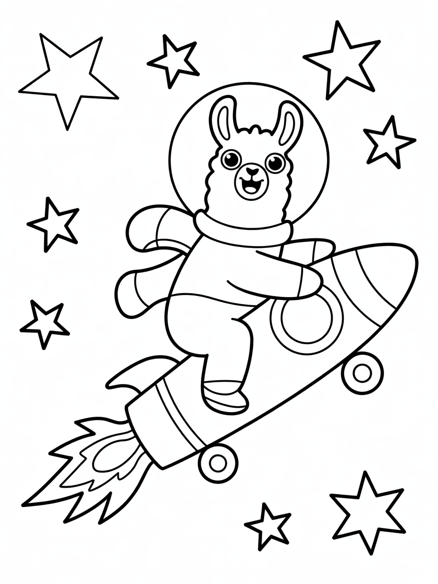 Space llama on a rocket skateboard - Free Coloring Page