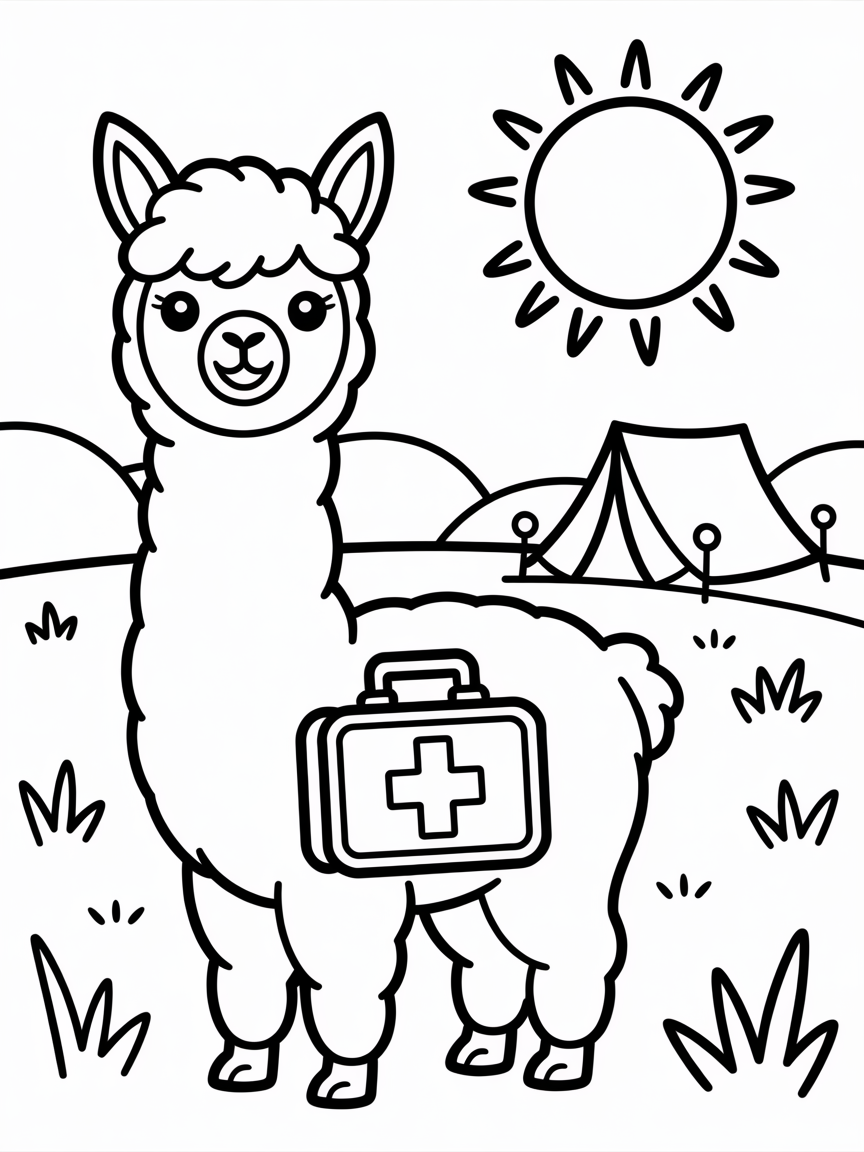 An alpaca on a camping trip holding a first aid kit - Free Coloring Page