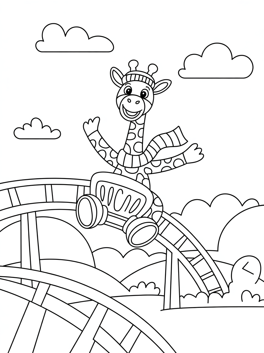 Giraffe riding a roller coaster - Free Coloring Page