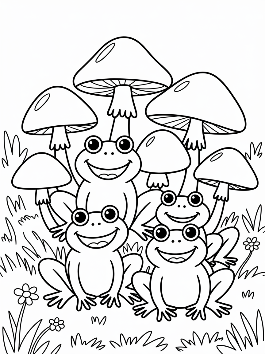Frogs and mushrooms realistic - Free Coloring Page