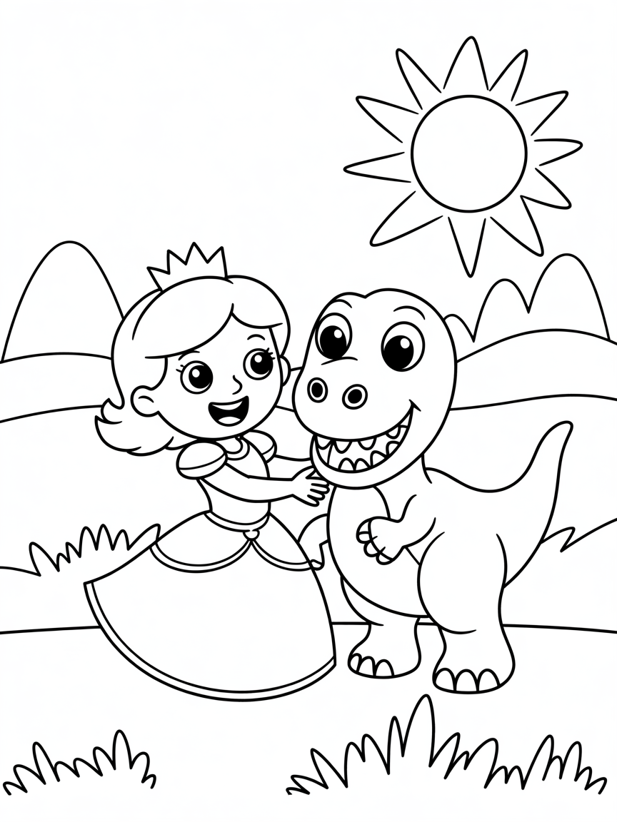 Princess with dinosaur - Free Coloring Page