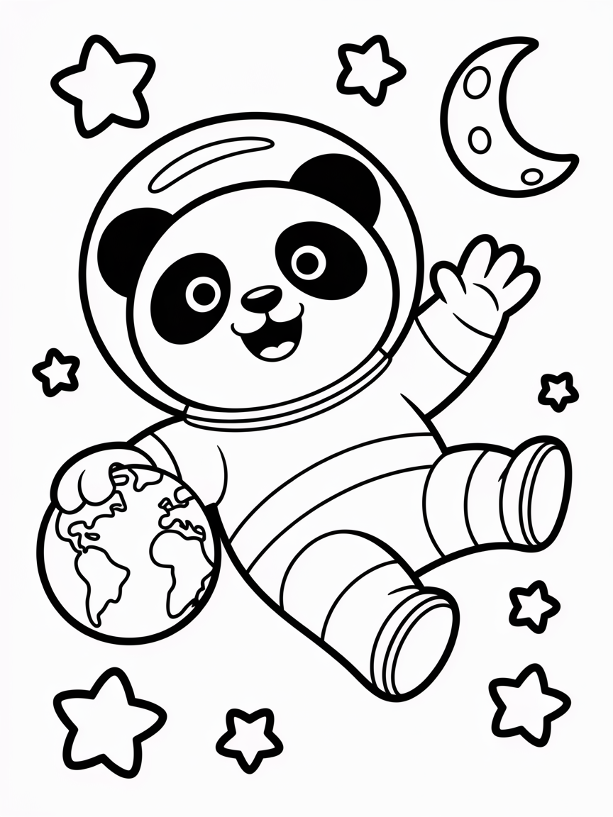 Panda astronaut exploring outer space - Free Coloring Page