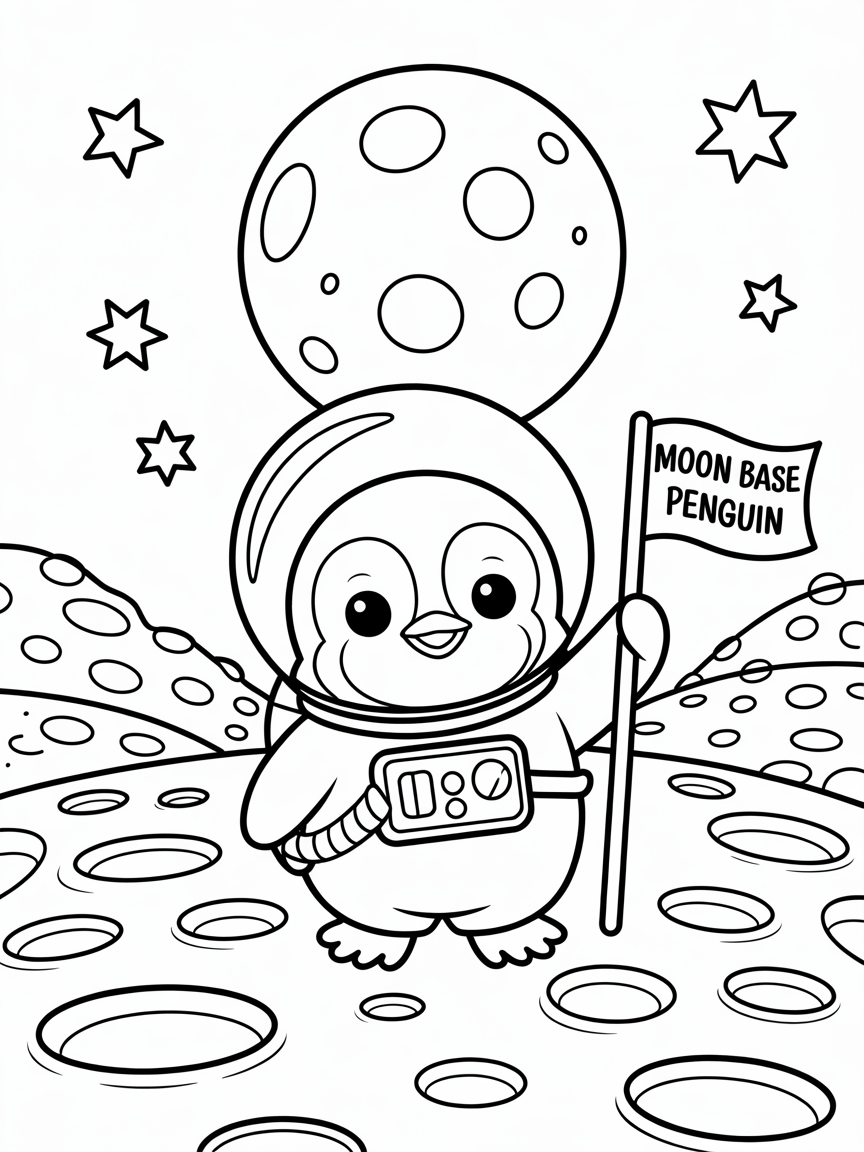 Penguin astronaut exploring moon cheese - Free Coloring Page