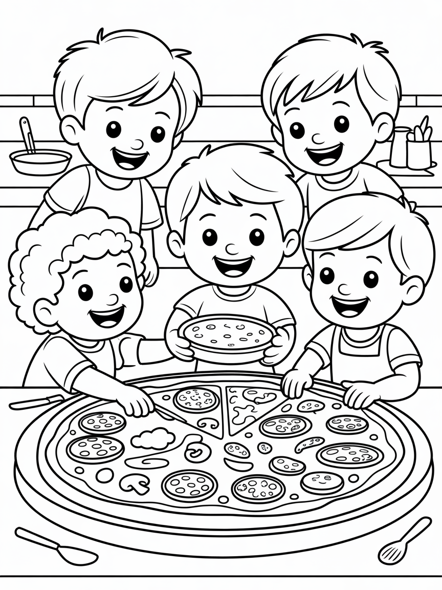 Kids making pizza - Free Coloring Page