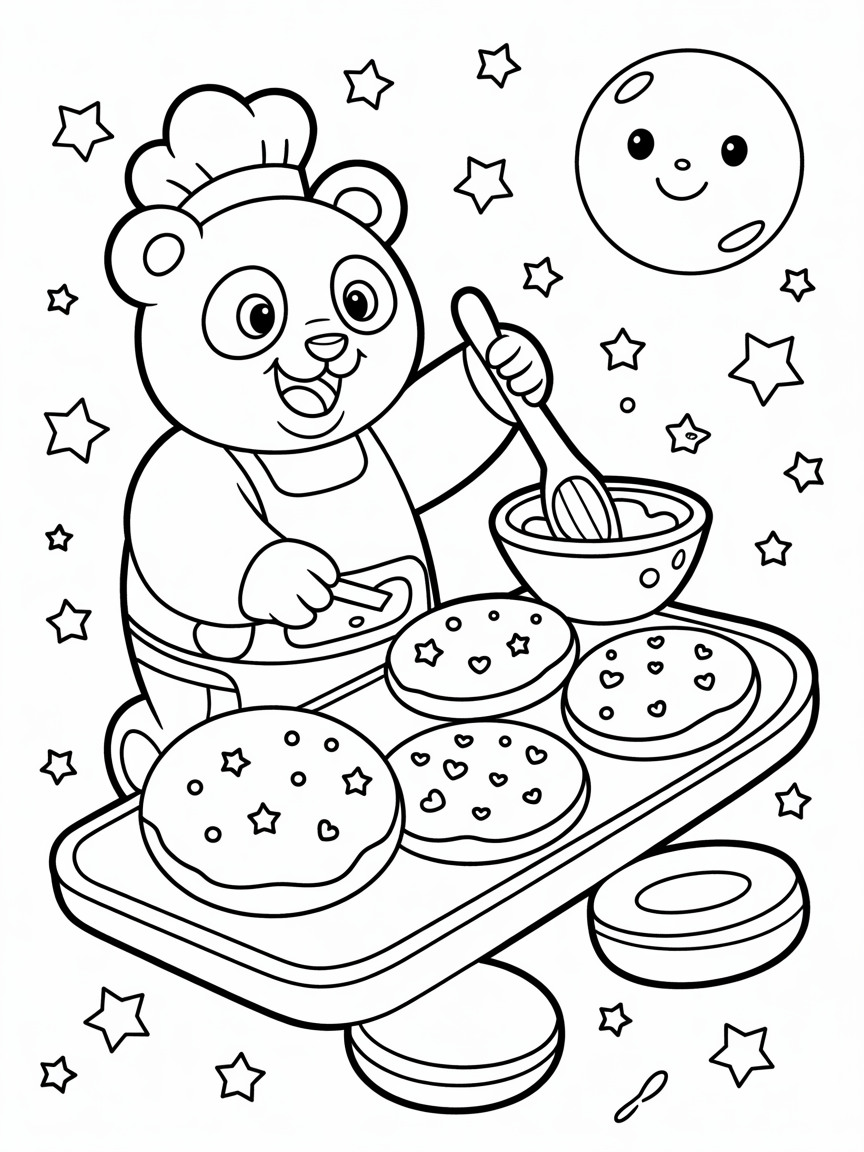 Panda baking cookies in space - Free Coloring Page