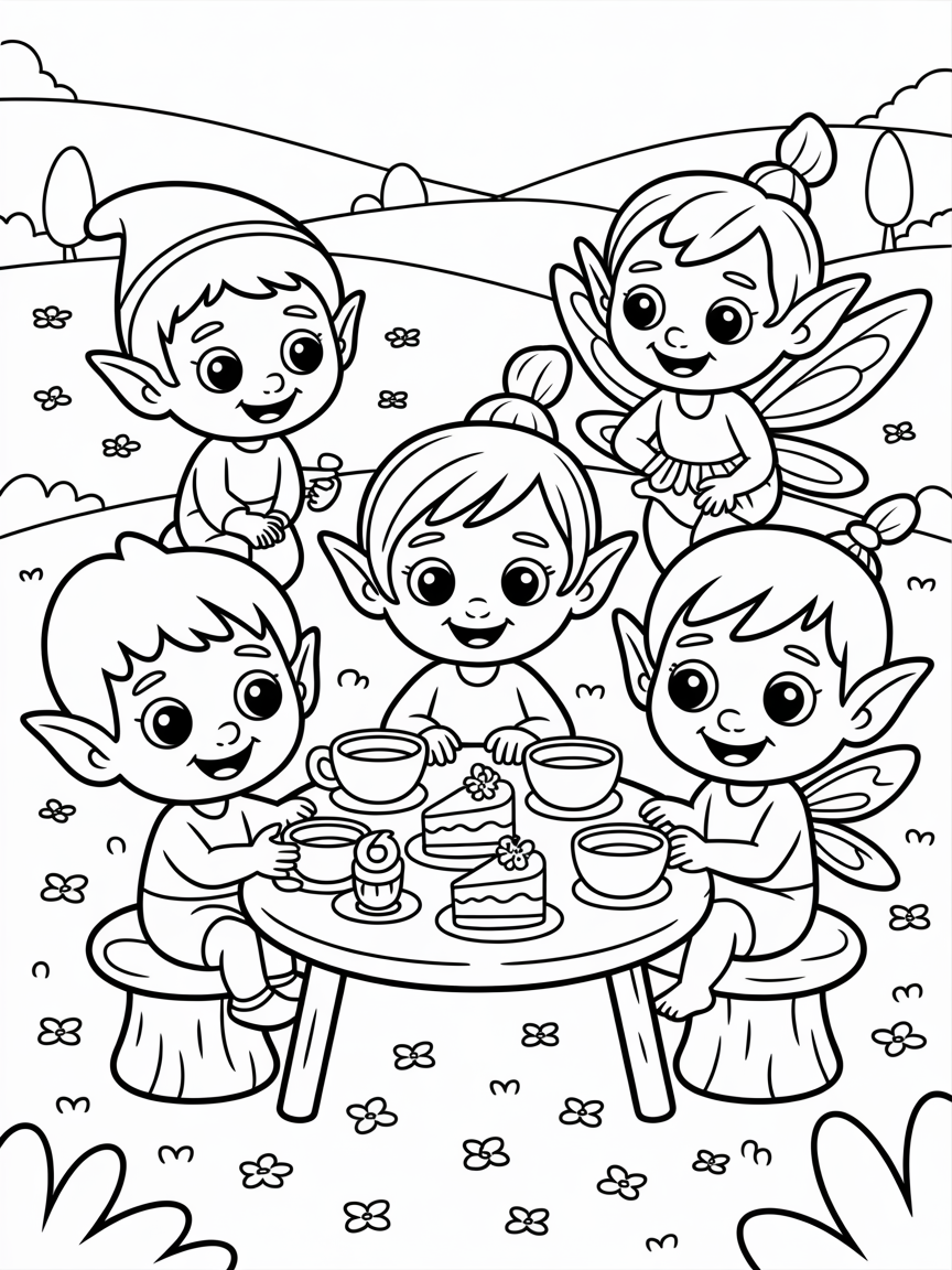 Baby Elves and fairies having tea with the little goblins - Free Coloring Page