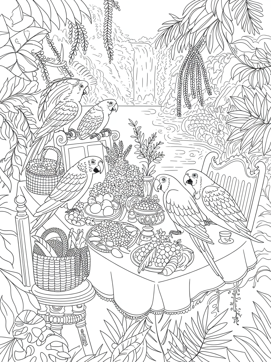 Parrot picnic - Free Coloring Page