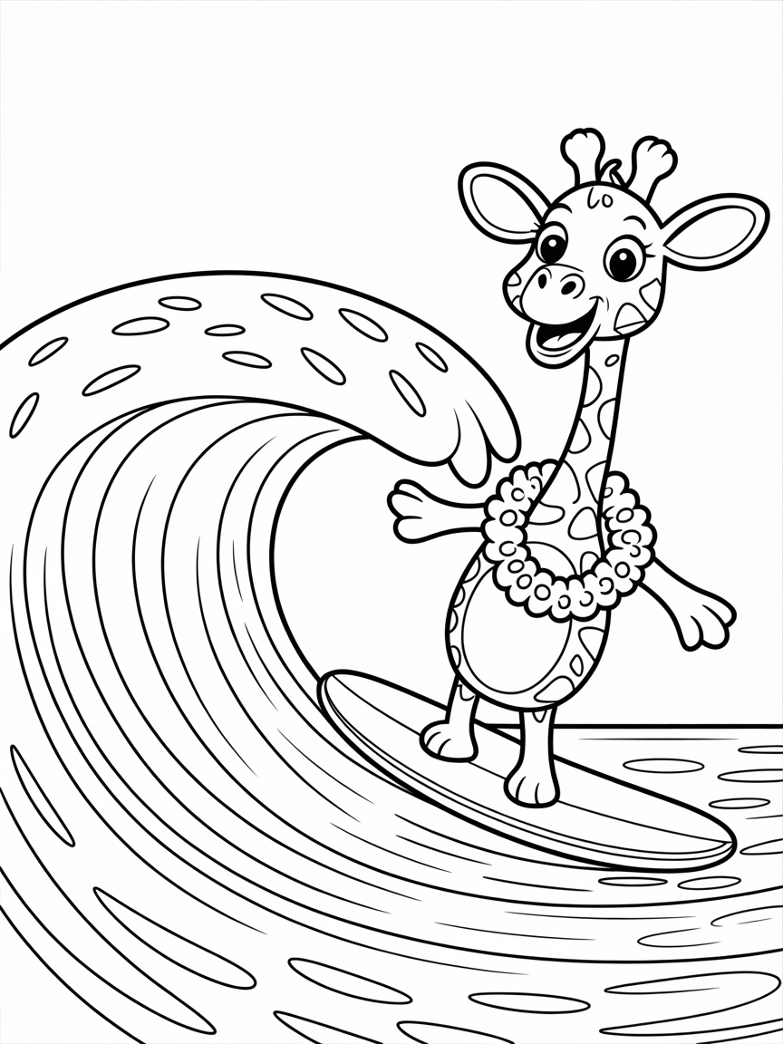 Giraffe surfing on ocean waves - Free Coloring Page